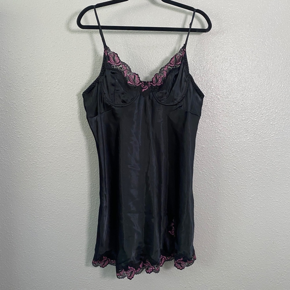 Vintage Y2K Black Slip Dress 2X Satin Lace Dark Feminine Romantic Coquette 2000s